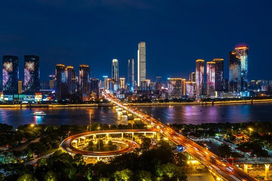 Aerial j bridge in changsha xiangjiang river city night scene