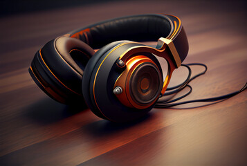 Fototapeta na wymiar Wired headphones, on a wooden background, leather high quality audio, generative ai