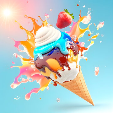 Big tasty juicy colored melted in hot tropical summer sunny day ice cream on bright background