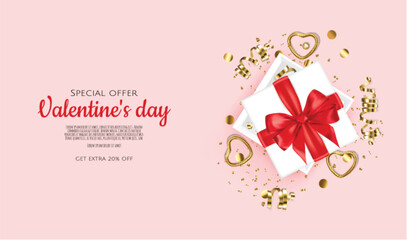 Fototapeta na wymiar Valentines day. Festive gift card templates with realistic 3d design elements. Holiday banners, web poster, flyers and brochures, greeting cards, group bright covers