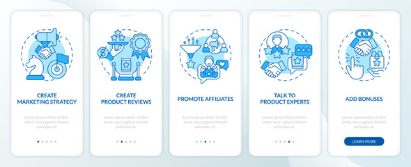 Begin affiliate program blue onboarding mobile app screen. Business walkthrough 5 steps editable graphic instructions with linear concepts. UI, UX, GUI template. Myriad Pro-Bold, Regular fonts used