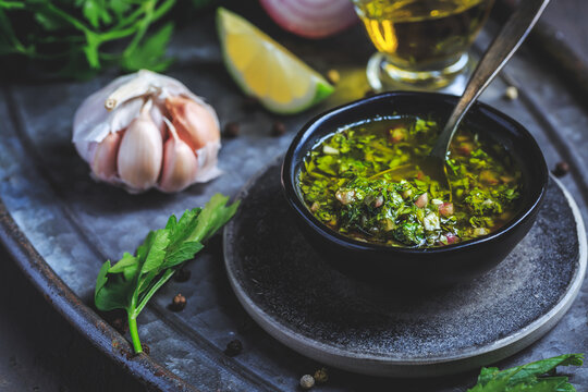 Chimichurri verde - Fresh traditional chimichurri sauce for barbecue meat