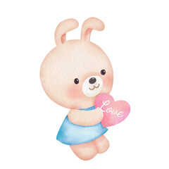 a cute watercolor rabbit girl holding a heart