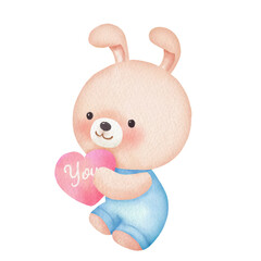 a cute watercolor baby rabbit boy holding a heart