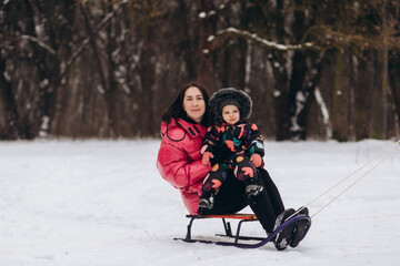 Fototapeta na wymiar Happy mother with baby girl sitting on sledge and sledding down on snow from hill.