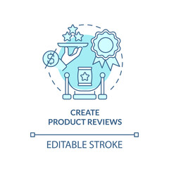Create product reviews turquoise concept icon. Begin affiliate program abstract idea thin line illustration. Isolated outline drawing. Editable stroke. Arial, Myriad Pro-Bold fonts used