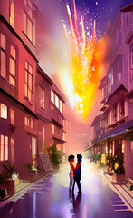 Two lovers embrace on a city street during the holiday. Salute and fireworks on background. Digital graphics stylized as watercolor with paper texture. Bitmap image