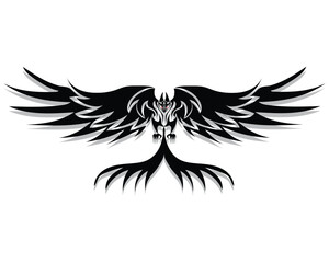 vector design of a black and white symbol or tattoo a flying creature in the shape of a red-eyed bird flapping its wings and its tail between its legs and claws