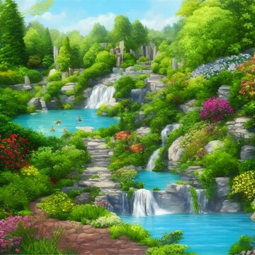 Oil painting of a waterfall in the park, AI Generated 