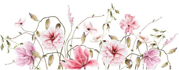 Hand drawn watercolor pink floral border. Elegant delicate illustration for poster, invitation, postcard, background and wedding invitation templates