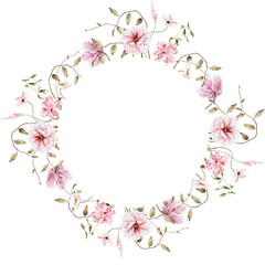 Fototapeta na wymiar Hand drawn watercolor pink floral frame. Elegant delicate illustration for poster, invitation, postcard, background and wedding invitation templates