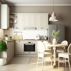 Interior of kitchen with white beige kitchen set and furniture. Generative AI