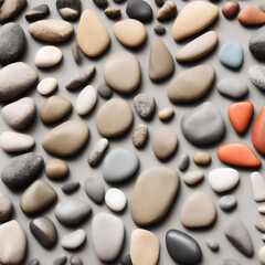 Fototapeta na wymiar Set of different natural pebbles / stones with interesting patterns and colors isolated over a background, top view for your flatlays and scenes