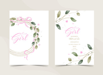 It`s a girl, baby shower announcement banner in rustic style, card - Gender reveal party - Vector illustration. Greenery Watercolor Floral template card design.