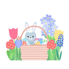 Happy Easter cute bunny in basket flowers, eggs, chick. Cartoon flat vector illustration.