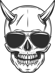 Skull with horn concept and black eyes with sunglasses accessory to protect eyes from bright sun vintage isolated illustration