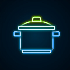 Glowing neon line Cooking pot icon isolated on black background. Boil or stew food symbol. Colorful outline concept. Vector