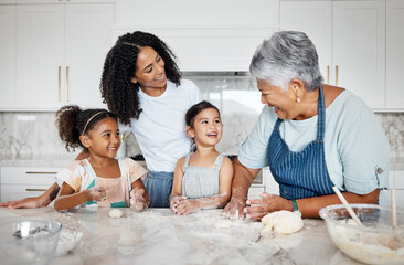 Cooking dough, learning and family with kids in kitchen baking dessert or pastry. Education, care and mother and grandma teaching sisters or children how to bake, bonding and laughing at comic joke.