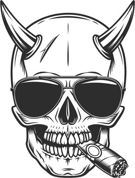 Skull with horn smoking cigar or cigarette smoke with sunglasses accessory to protect eyes from bright sun vintage isolated illustration