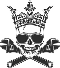 Skull in crown and sunglasses accessory to protect eyes from bright sun with construction plumbing wrench spanner tools vintage isolated illustration