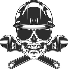 Skull in hardhat buider helmet and sunglasses accessory to protect eyes from bright sun with construction plumbing wrench spanner tools vintage isolated illustration