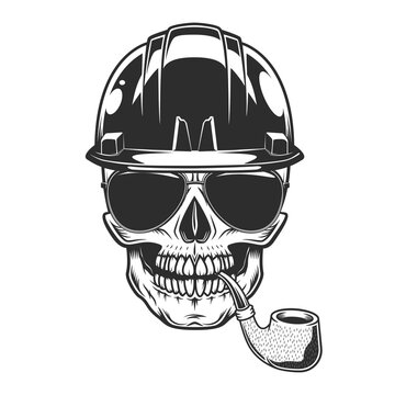Skull smoking pipe in helmet hardhat builder construction concept with sunglasses accessory vintage isolated vector illustration