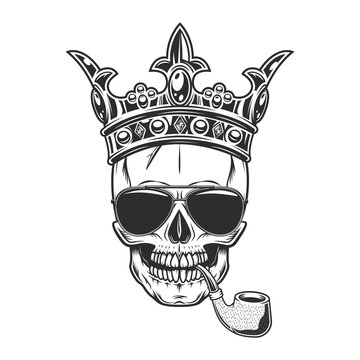 Skull smoking pipe in royal crown concept with sunglasses accessory to protect eyes from bright sun isolated vintage vector illustration
