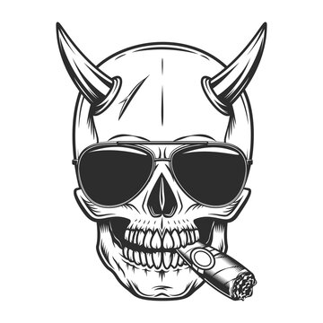 Skull with horn smoking cigar or cigarette smoke with sunglasses accessory to protect eyes from bright sun vintage isolated vector illustration