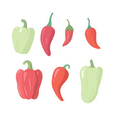 Peppers set, hot and sweet, red and green. Bulgarian, chilli pepper, paprika. Cartoon flat vector illustration.