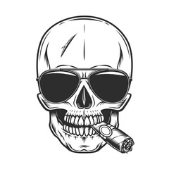 Vintage scary skull smoking cigar or cigarette smoke with sunglasses accessory to protect eyes from bright sun isolated vector illustration
