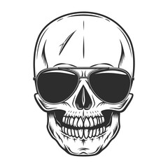 Vintage scary skull concept with black eyes with sunglasses accessory to protect eyes from bright sun isolated vector illustration