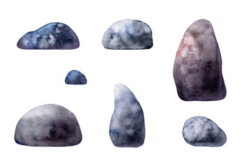 Set of grey watercolor boulders, (rocks, stones). Illustration isolated on white background.
