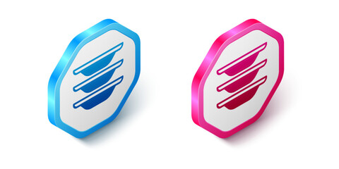 Isometric Washing dishes icon isolated on white background. Cleaning dishes icon. Dishwasher sign. Clean tableware sign. Hexagon button. Vector