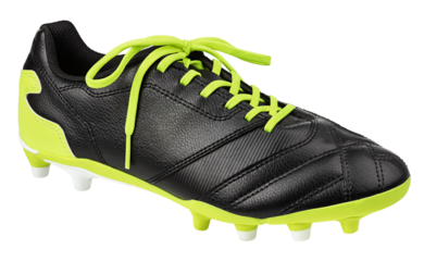 Single black leather football shoe or soccer boot isolated on transparent background