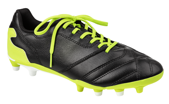Single black leather football shoe or soccer boot isolated on transparent background