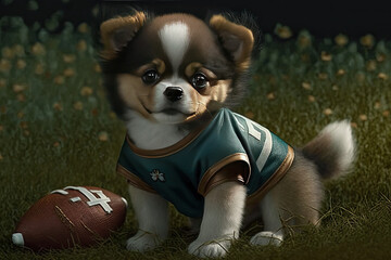 Cute Puppy Football Bowl Player on Field Dark Background