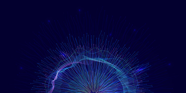 Abstract flying dragons on a dark blue background. Technological background for design on the topic of artificial intelligence, neural networks, big data
