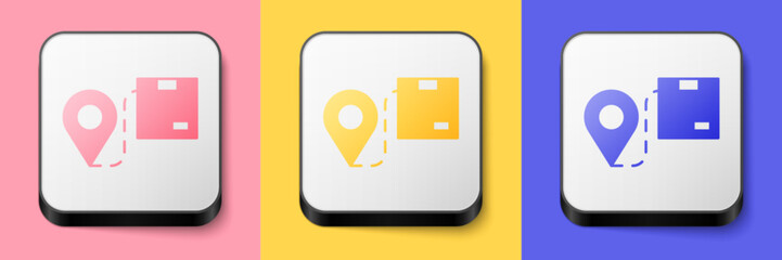 Isometric Location with cardboard box icon isolated on pink, yellow and blue background. Delivery services, logistic and transportation, distribution. Square button. Vector