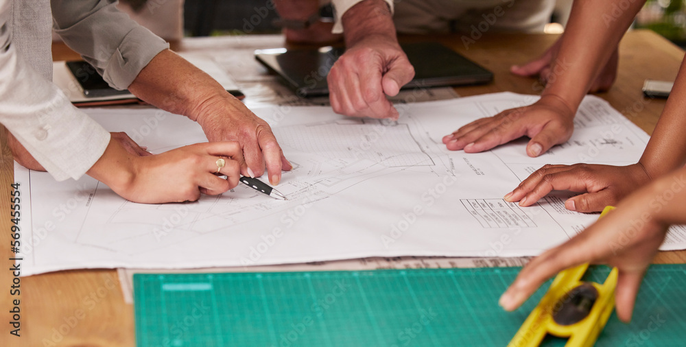 Aufkleber Hands, collaboration and architecture with a designer team planning on a table using a blueprint. Building, planning and teamwork with an engineer employee group at work on project development