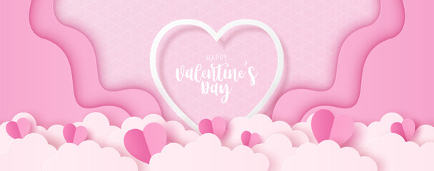 Paper cut of Happy Valentine's Day text on white heart with origami paper heart shape on pastel color background for greeting card, banner, poster, headers website.