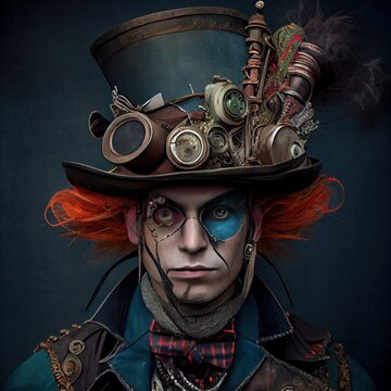 Steampunk Mad Hatter from Wonderland. Generative AI