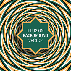 Octagram frame on green orange optical illusion hypnotic background of trippy zigzag stripes.