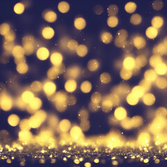 Festive golden glittering in the dark night background with blurred bokeh lights and snow. Christmas and winter holidays background
