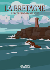 Travel retro poster La Bretagne France Lighthouse - obrazy, fototapety, plakaty