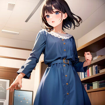 何かを思い、決意の表情で立ち上がった青い服の少女