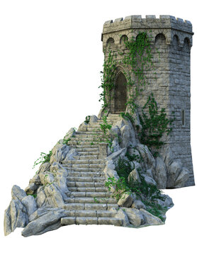 3d render castle ruins, wizard tower, 