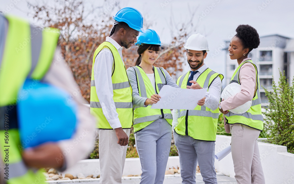 Poster Architecture, collaboration and blueprint with a designer team working together outdoor on a construction site. Building, design and meeting with an engineer employee group planning together outside