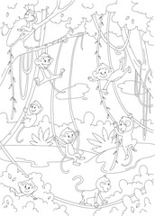 Fototapeta na wymiar monkeys on vines in the jungle coloring