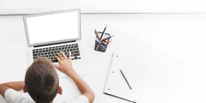 school at home through online homeschooling. the child is sitting at the computer