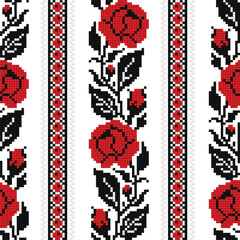 Realistic Cross-Stitch Embroideried Seamless Pattern with Roses. Ethnic Floral Motif, Handmade Stylization. Traditional Ukrainian Red and Black Embroidery. Ethnic Design. Vector 3d Illustration - obrazy, fototapety, plakaty